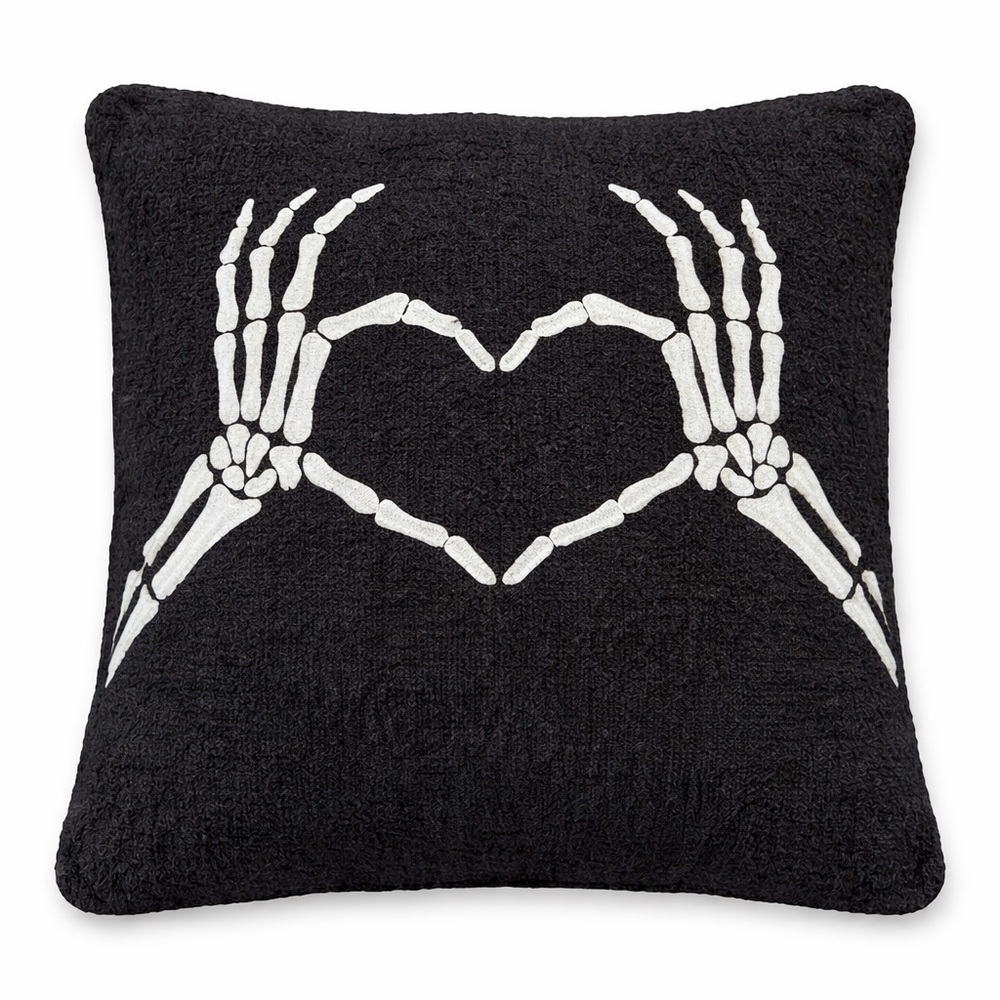 Styled Collection x Sarah Knuth Skeleton Heart Hand Pillow Black White Plush NEW